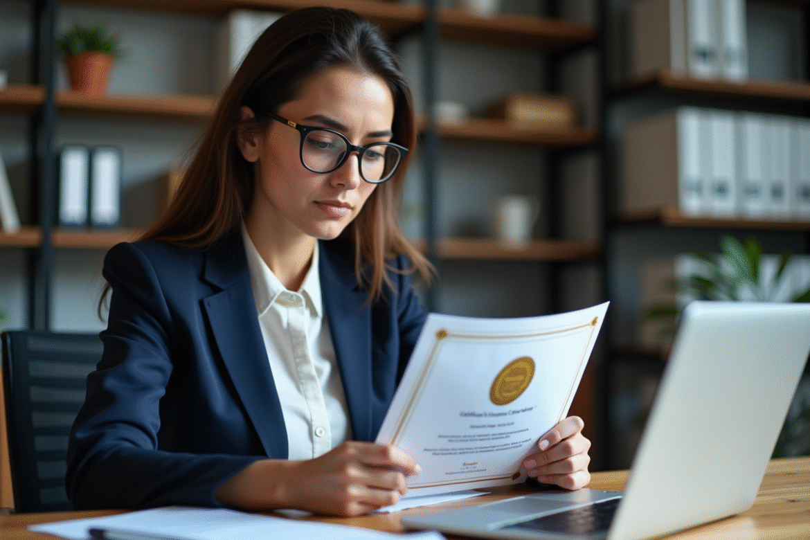 Femme professionnelle vérifiant un certificat dans un bureau