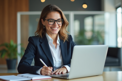 Femme professionnelle en visioconference dans un bureau moderne