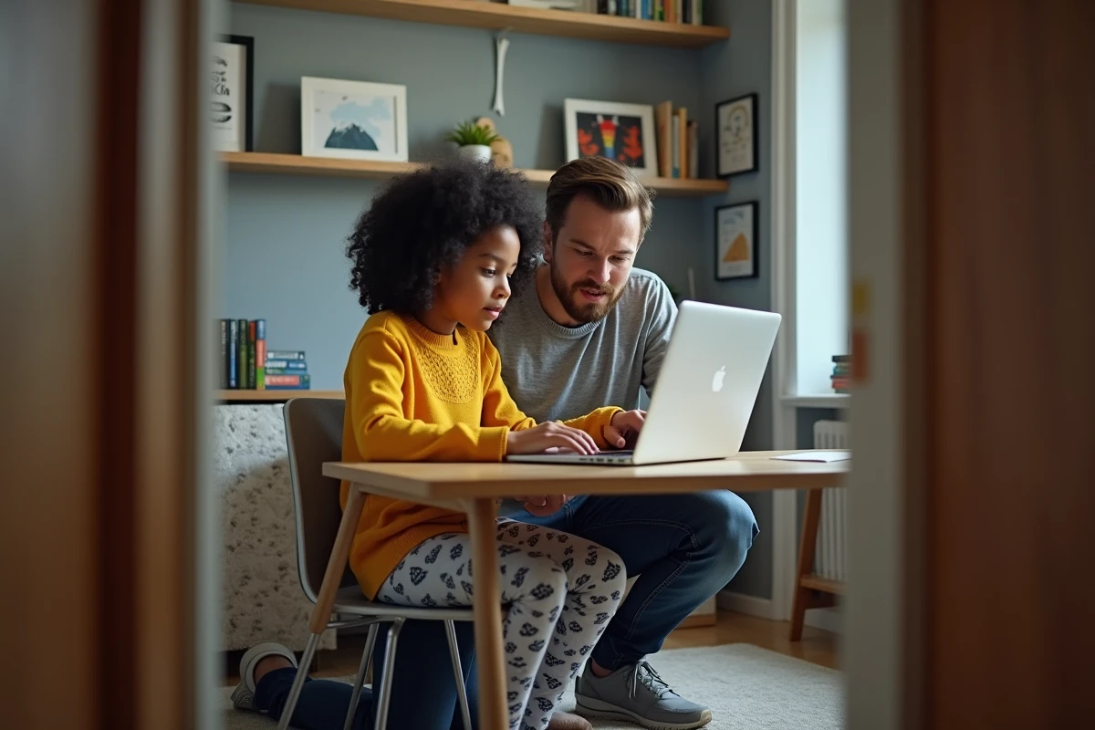 Fille de 11 ans avec son père sur un bureau