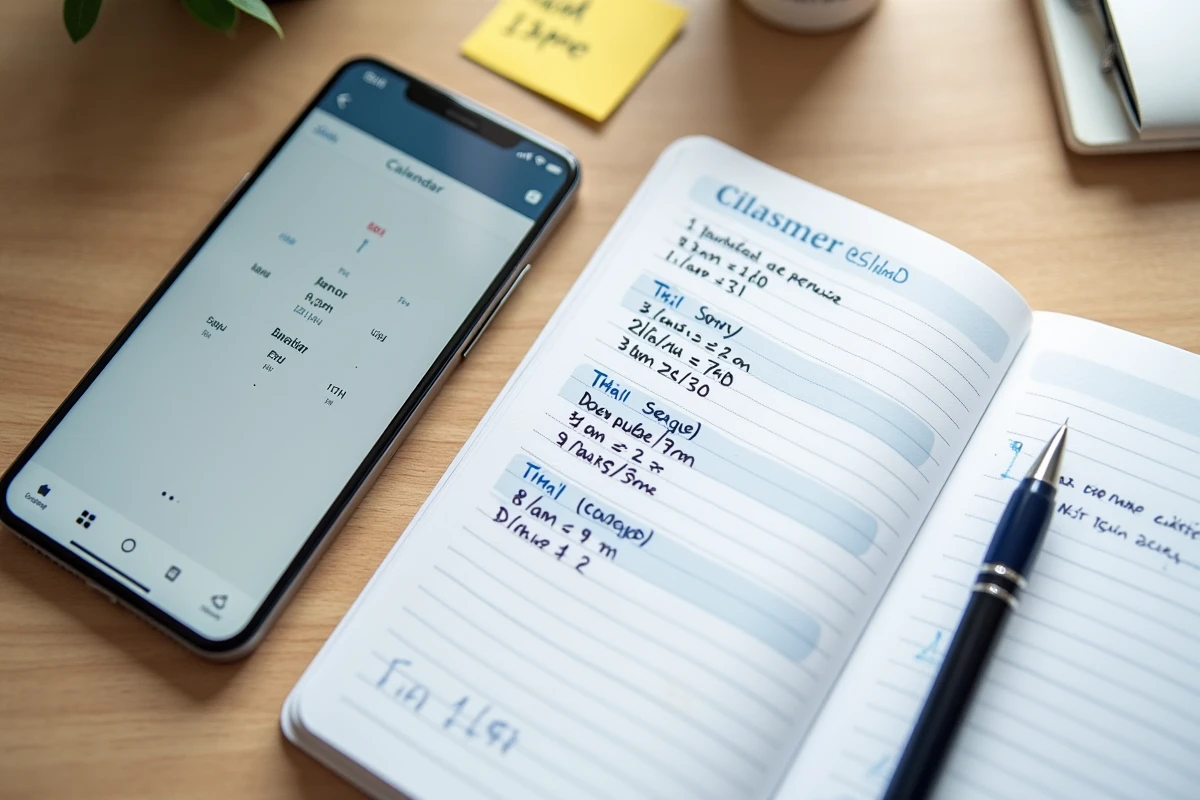 Vue de dessus d'un agenda français en format 24h posé à côté d'un smartphone affichant des horaires en anglais AM/PM pour faciliter la traduction