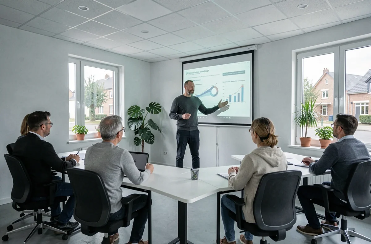 Formateur professionnel animant une session de formation devant un groupe d'adultes dans un centre de formation moderne en Vendée