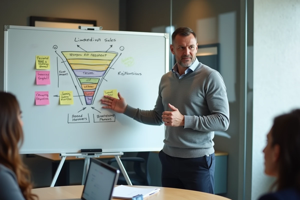 Formateur en social selling expliquant une méthode de prospection LinkedIn devant un tableau blanc lors d'un atelier professionnel