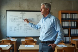 Formateur en bâtiment expliquant la variation des tarifs de formation devant un tableau blanc dans un centre de formation professionnelle
