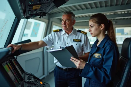Instructeur aéronautique et étudiante en formation CAP RLA devant un simulateur de cockpit dans un centre de formation professionnel