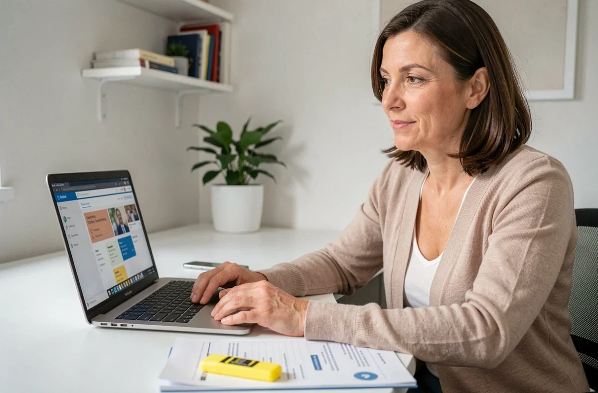 Femme suivant une formation bricolage en ligne sur ordinateur portable avec livret de certification CPF sur le bureau