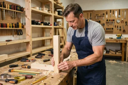 Homme en tablier de travail examinant un assemblage en bois dans un atelier de formation bricolage professionnel