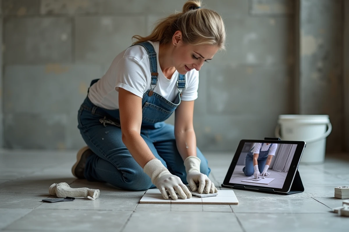 Femme pratiquant la pose de carrelage lors d'une formation bricolage CPF en situation réelle