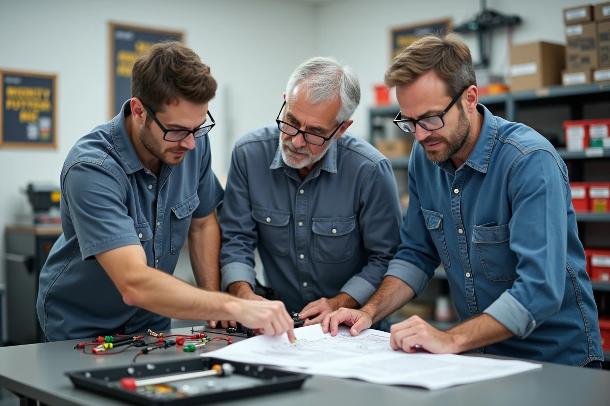 Groupe d'adultes en formation professionnelle CPF bricolage autour d'un tableau électrique en atelier