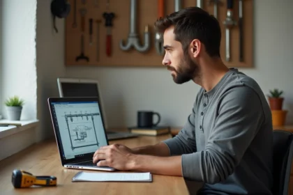 Homme apprenant la plomberie en ligne via une formation CPF sur son ordinateur portable à son bureau