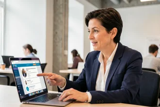 Formatrice LinkedIn expliquant une méthode de formation devant un écran d'ordinateur dans un espace de coworking professionnel