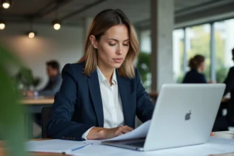 Femme professionnelle analysant une stratégie de social selling LinkedIn sur son ordinateur portable dans un espace de coworking moderne