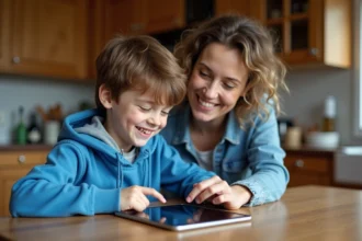 Garçon de 9 ans avec sa mère utilisant une tablette