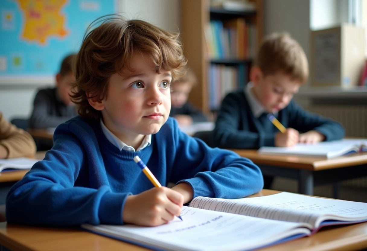 Garçon de dix ans écrit dans un livre de français