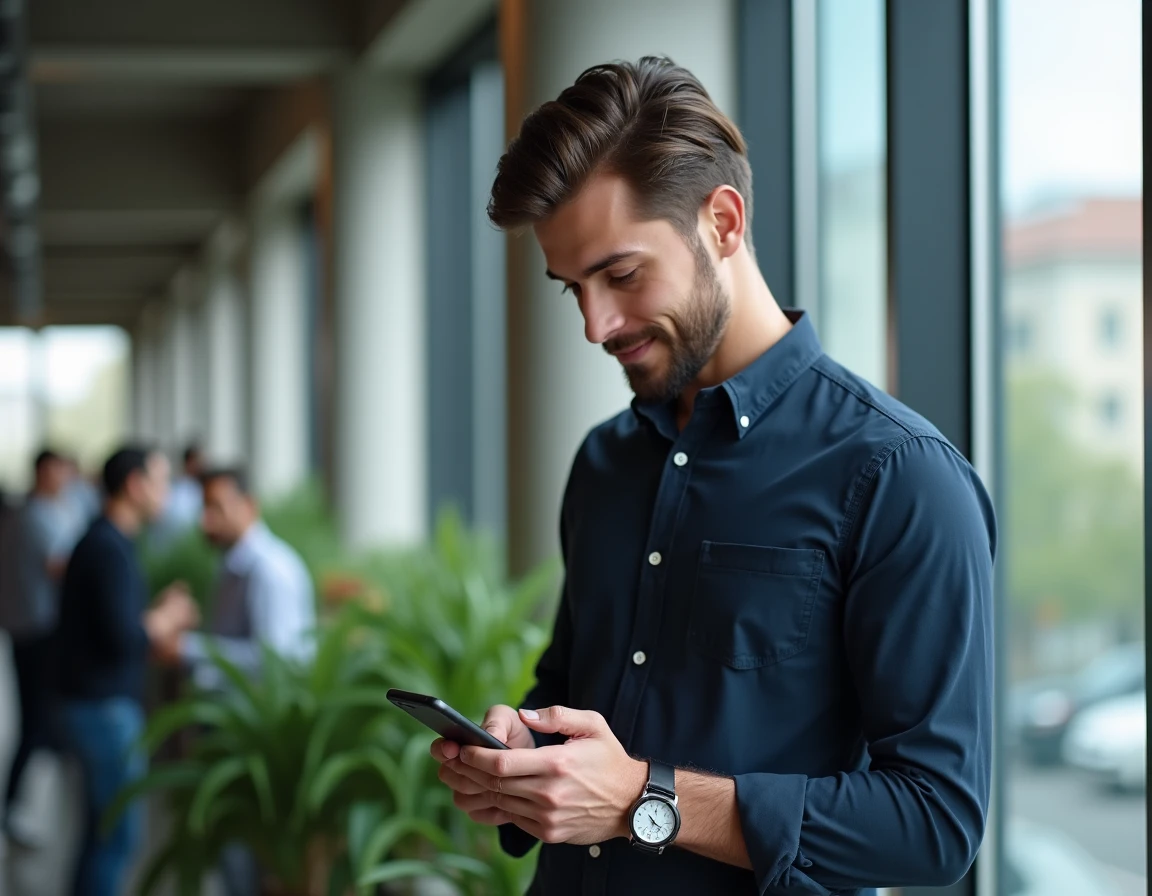 Homme gérant les alertes de son smartphone dans un espace de coworking moderne