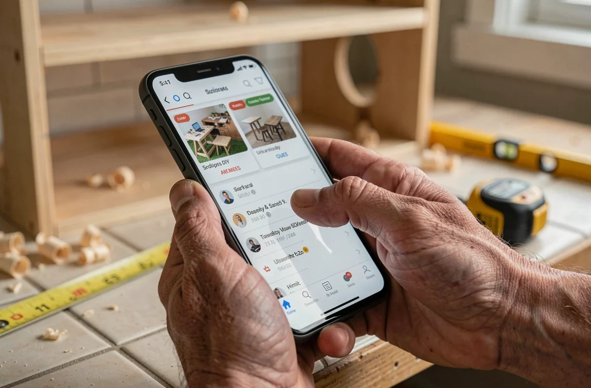 Gros plan de mains sur smartphone consultant une plateforme de cours bricolage en ligne comme Bricoludik