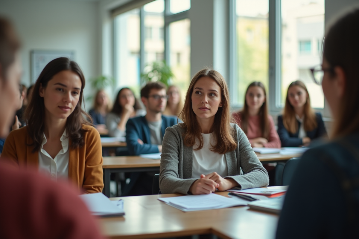 Groupe d adultes attentifs en classe moderne en lumière naturelle