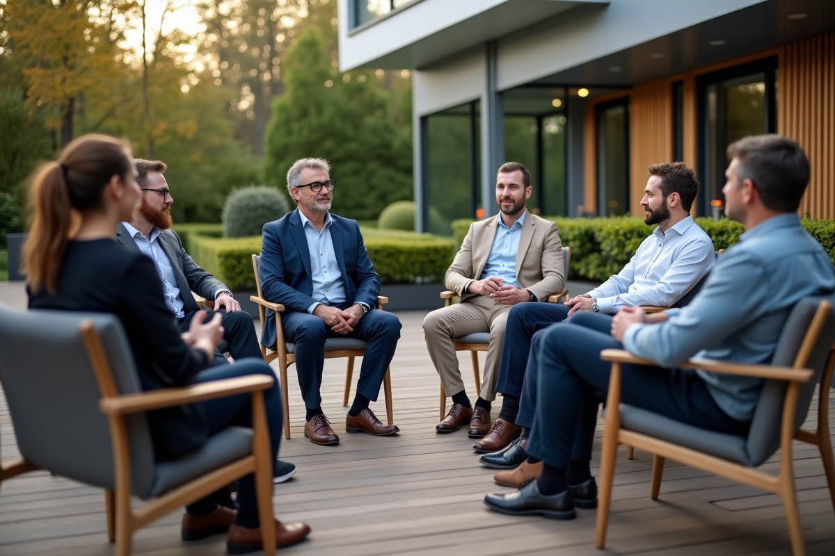 Groupe en coaching en extérieur sur une terrasse en bois