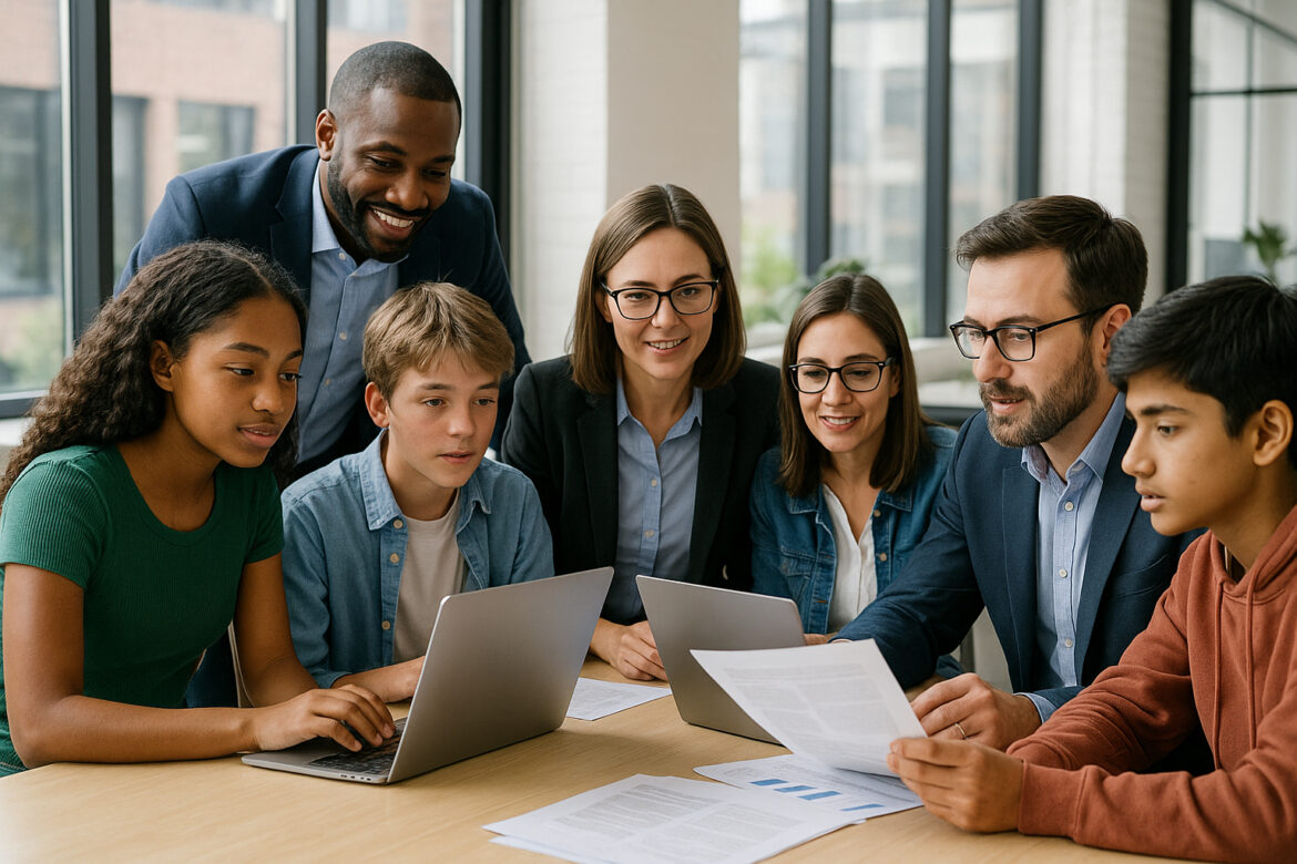 Groupe d'étudiants lycéens collaborant avec des professionnels dans un bureau moderne