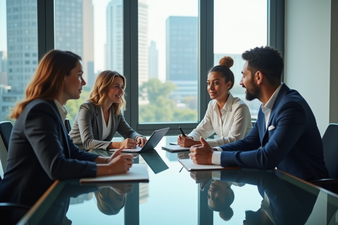 Quatre adultes en réunion dans un bureau moderne