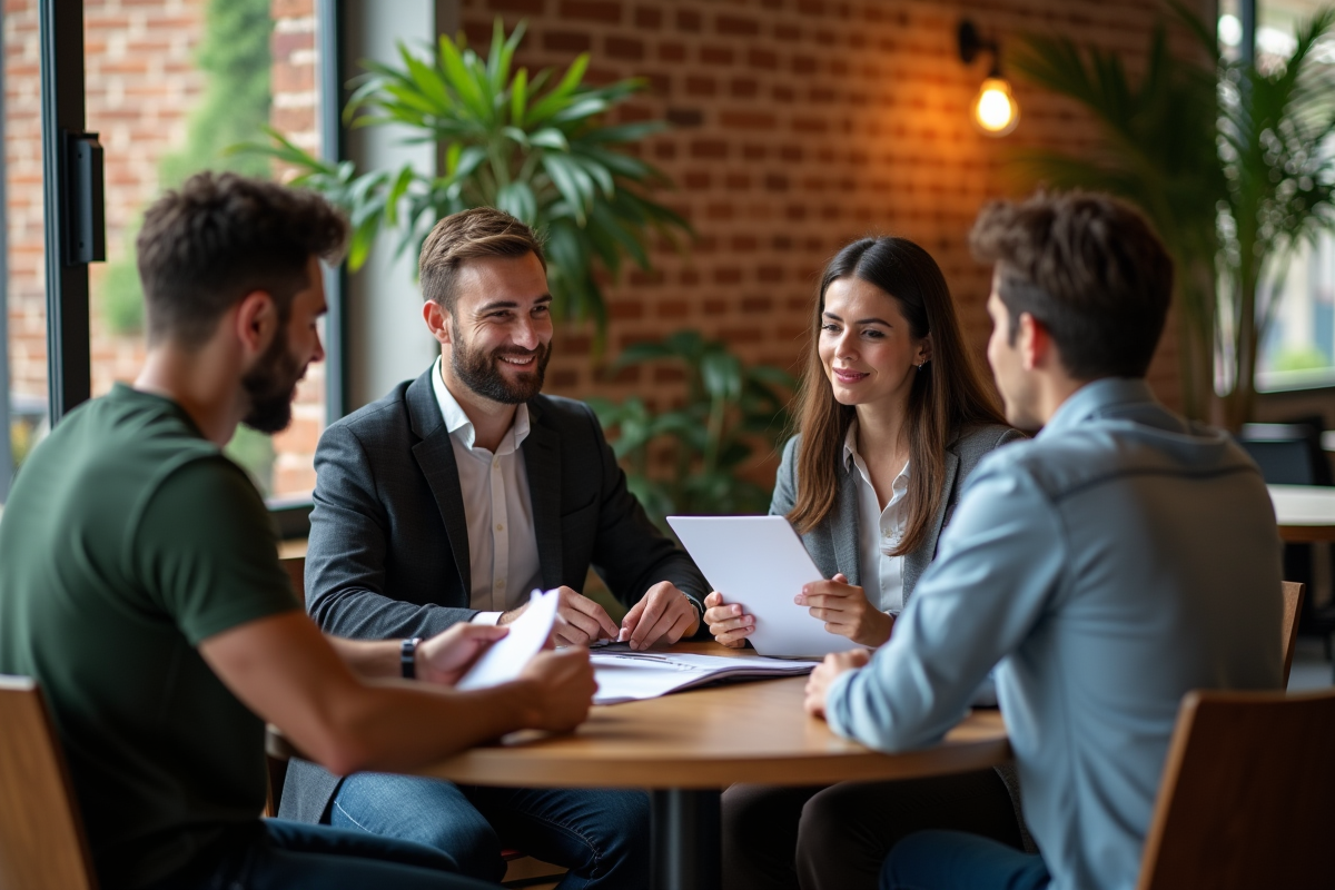 Groupe de quatre personnes en discussion dans un café