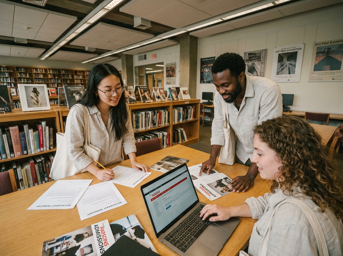 Groupe d'étudiants issus de filières générale et technologique comparant des dossiers d'admission en prépa artistique dans une bibliothèque universitaire