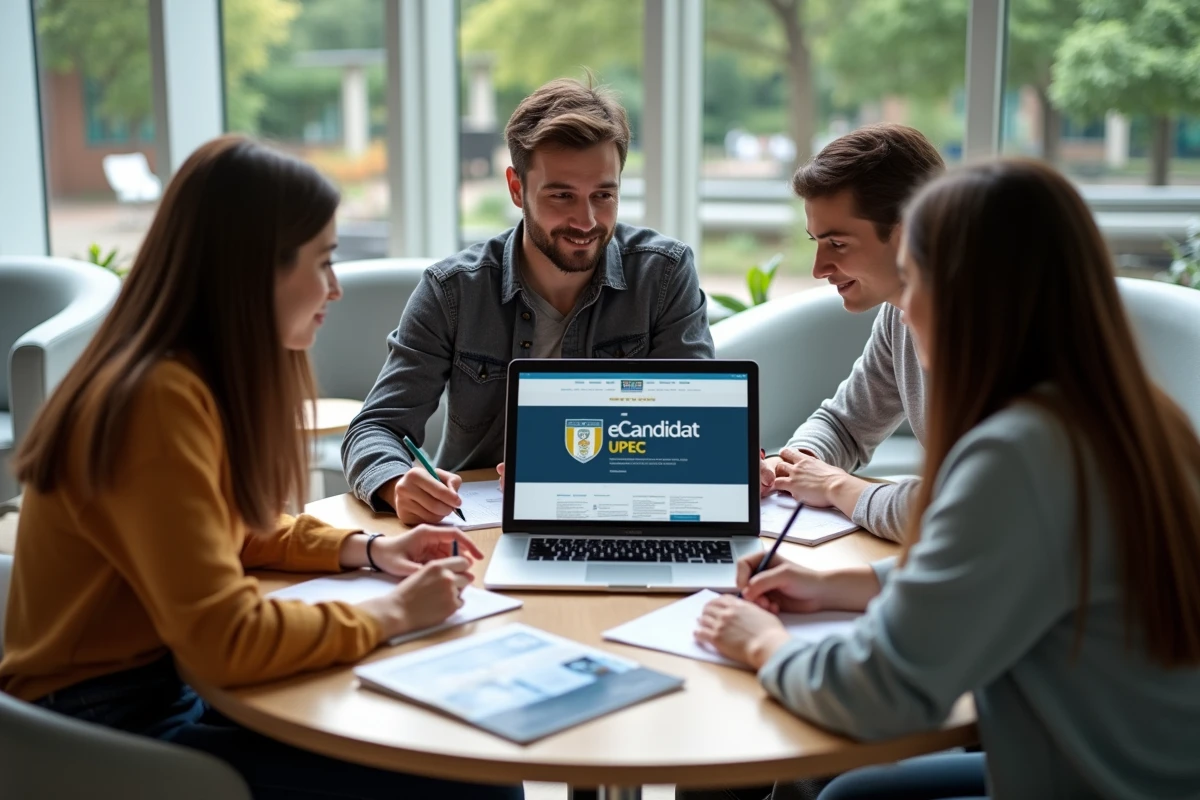 Groupe d'étudiants consultant le portail eCandidat de l'UPEC ensemble dans un espace commun du campus