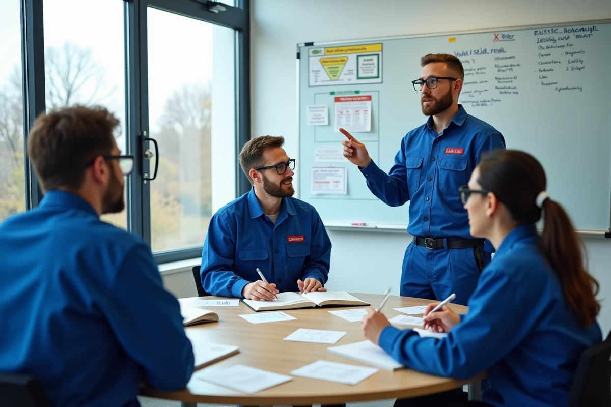Groupe d'étudiants en BTS suivant une formation Habilec7 sur les niveaux d'habilitation électrique avec un formateur