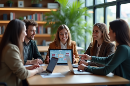 Groupe d'étudiants en discussion autour d'une carte mentale