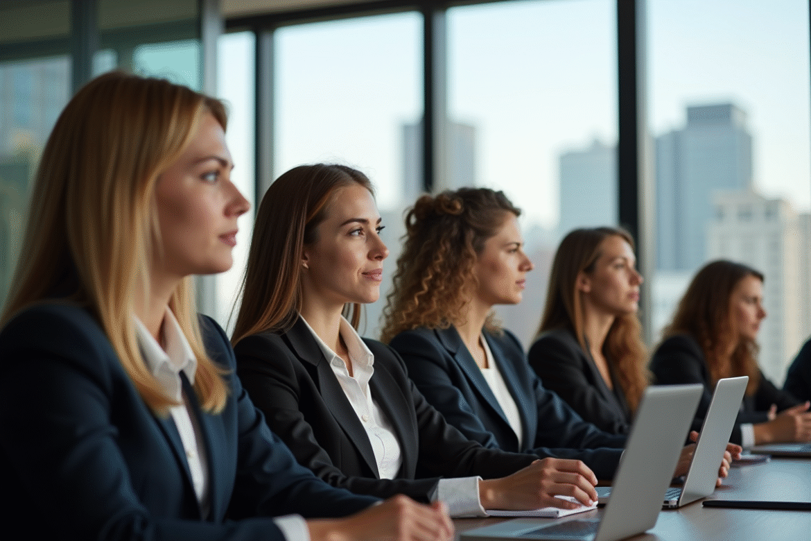 Groupe de jeunes professionnels en formation en salle lumineuse
