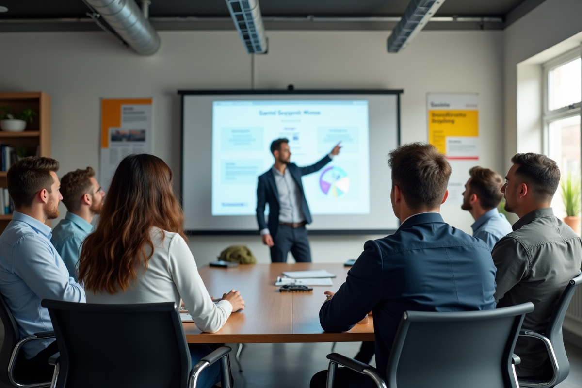 Groupe de stagiaires en formation regardant un instructeur avec tableau interactif