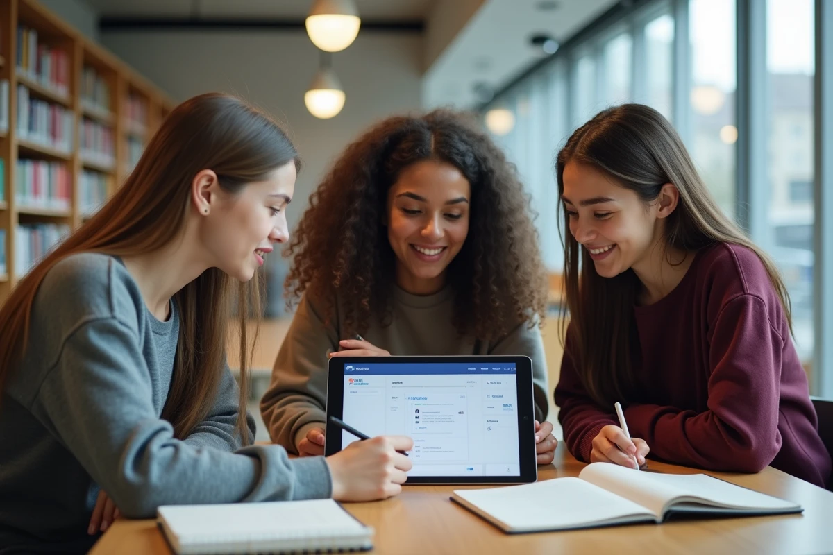 Trois lycéens divers regardant une tablette avec Moodle dans une bibliothèque