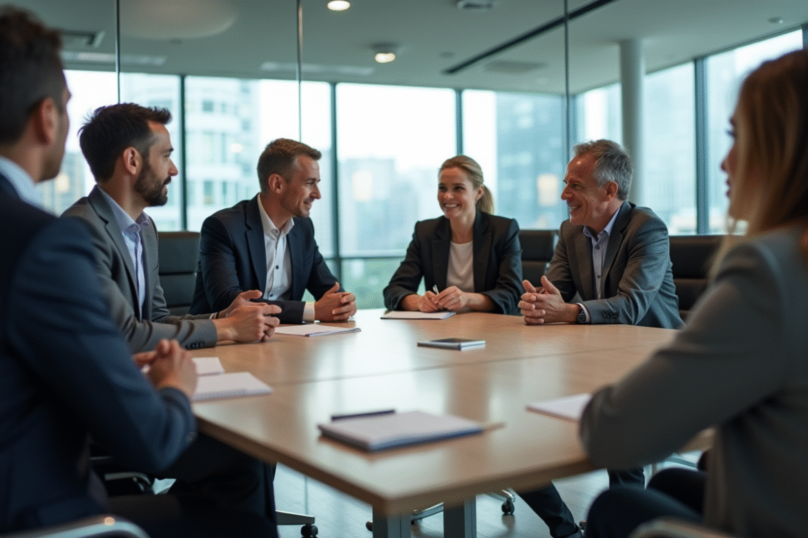 Groupe de professionnels en réunion dans un bureau moderne