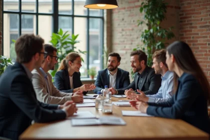 Groupe de professionnels en réunion dans un espace de coworking parisien
