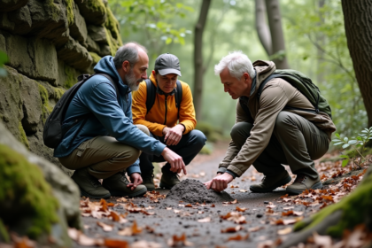 Trois scientifiques dans la forêt examinent des fossiles sur un sentier