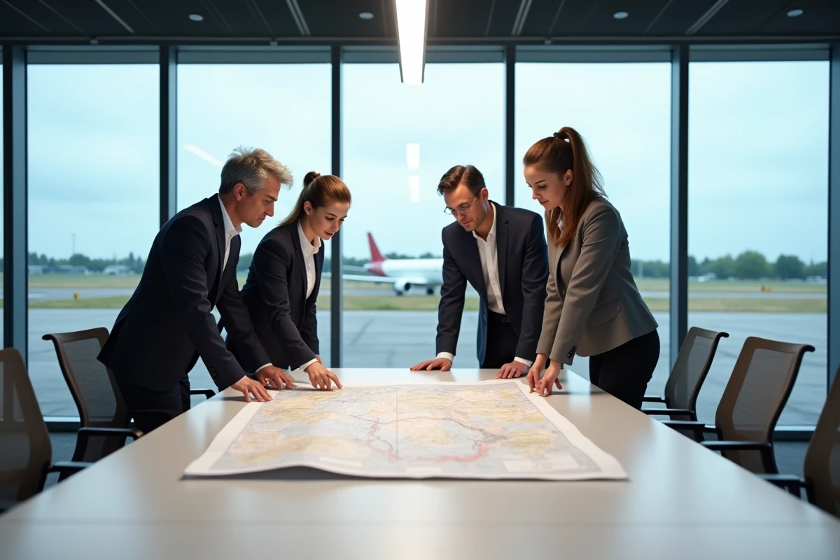 Groupe de stagiaires en formation CAP RLA étudiant une carte aéronautique dans une salle de classe d'académie d'aviation face à un tarmac