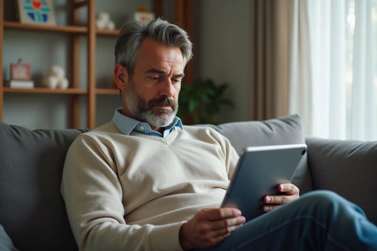 Homme seul utilisant une tablette dans le salon