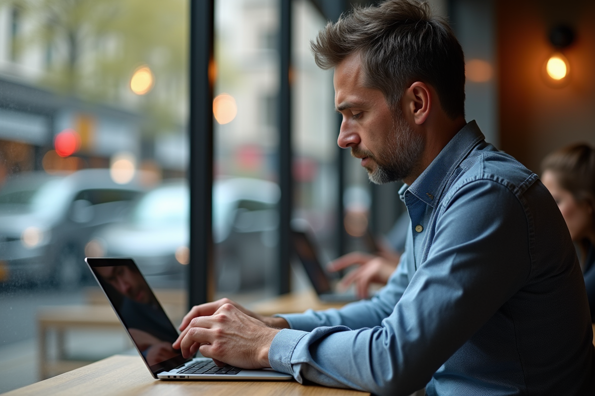 Homme d affaires utilisant une tablette dans un café animé