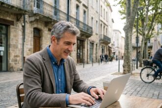 Homme d'affaires souriant travaillant au café à Pamiers