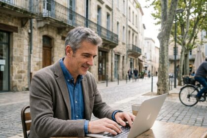 Homme d'affaires souriant travaillant au café à Pamiers