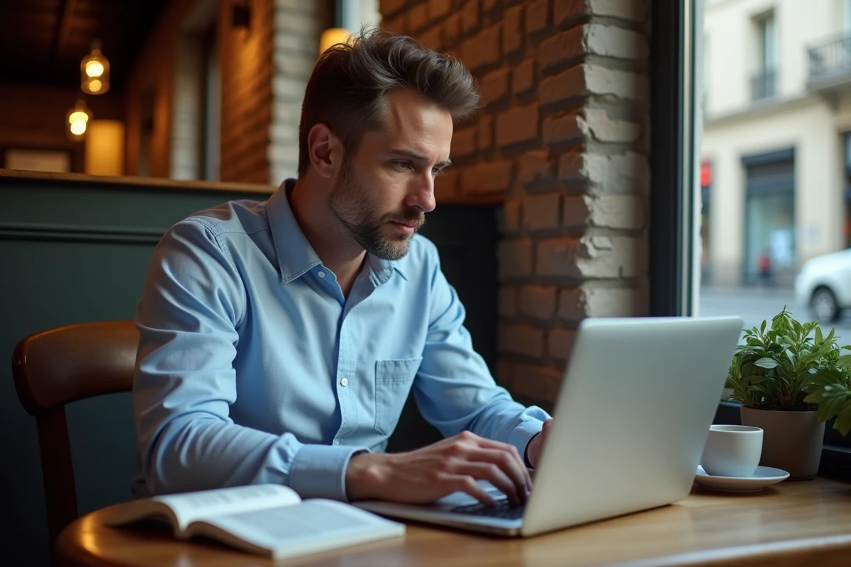 Homme travaillant sur un ordinateur dans un café parisien