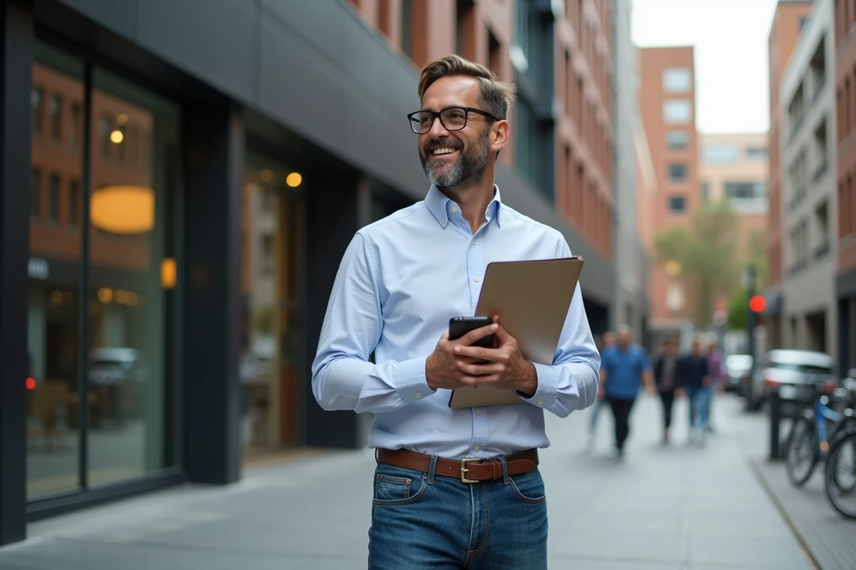 Homme en extérieur dans un espace de coworking urbain