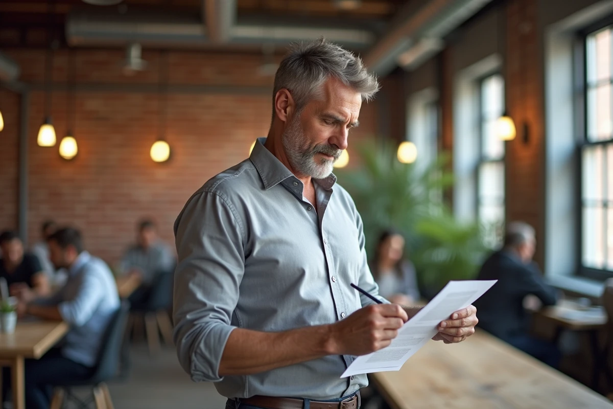 Homme consultant des documents sur le financement de formation CPF dans un espace de coworking professionnel