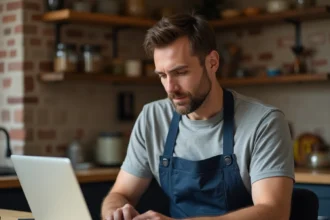 Homme en tablier de bricolage consultant une formation en ligne sur son ordinateur portable avec des outils posés sur la table
