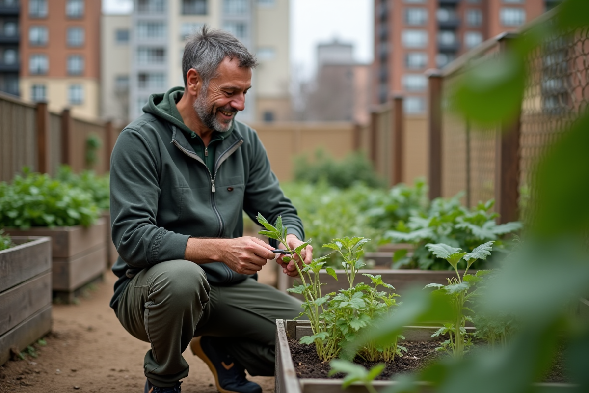 Homme prunant des plantes dans un jardin urbain