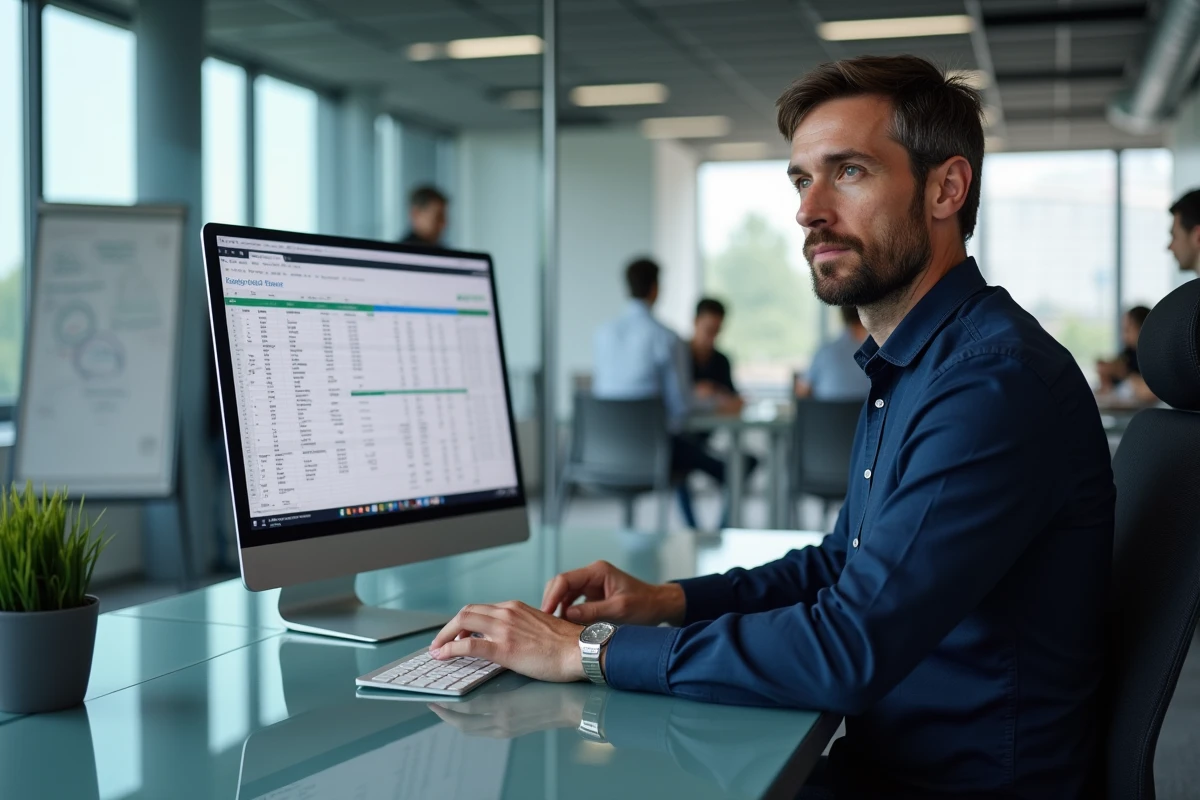 Homme en bureau d'entreprise calculant une moyenne avec coefficient sur Google Sheets sur grand écran de bureau