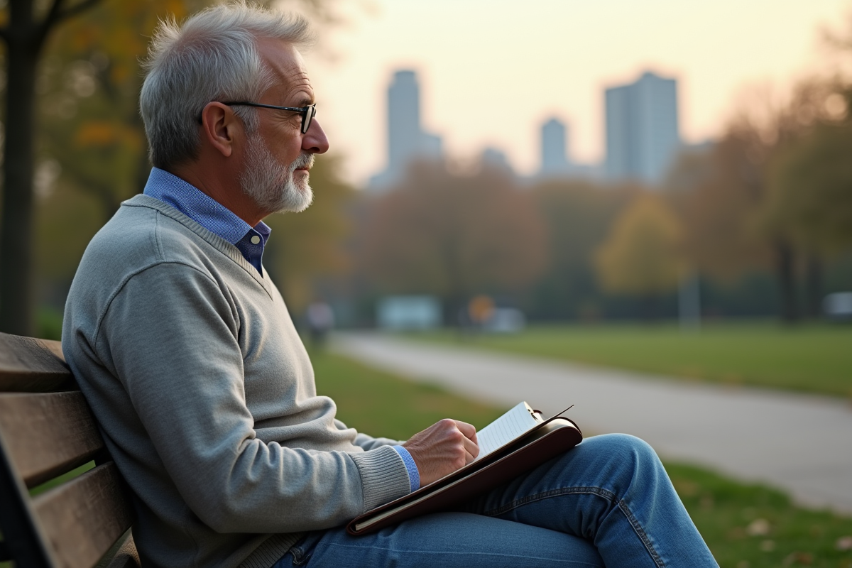 Homme assis dans un parc avec journal et skyline en arrière