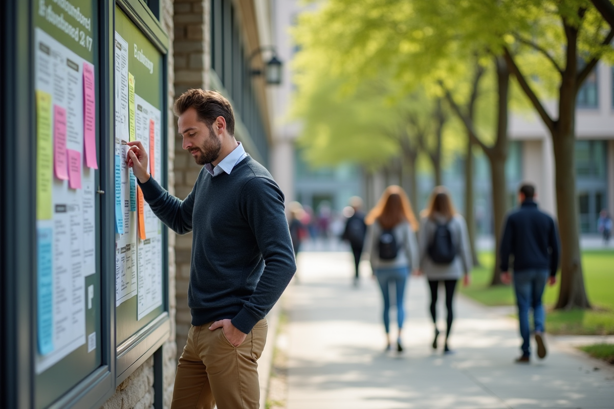 Homme accrochant des flyers de formation sur un panneau extérieur