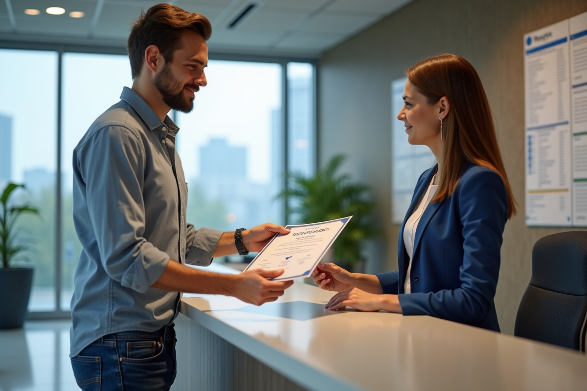 Homme remettant un certificat à la réception dans un centre de formation