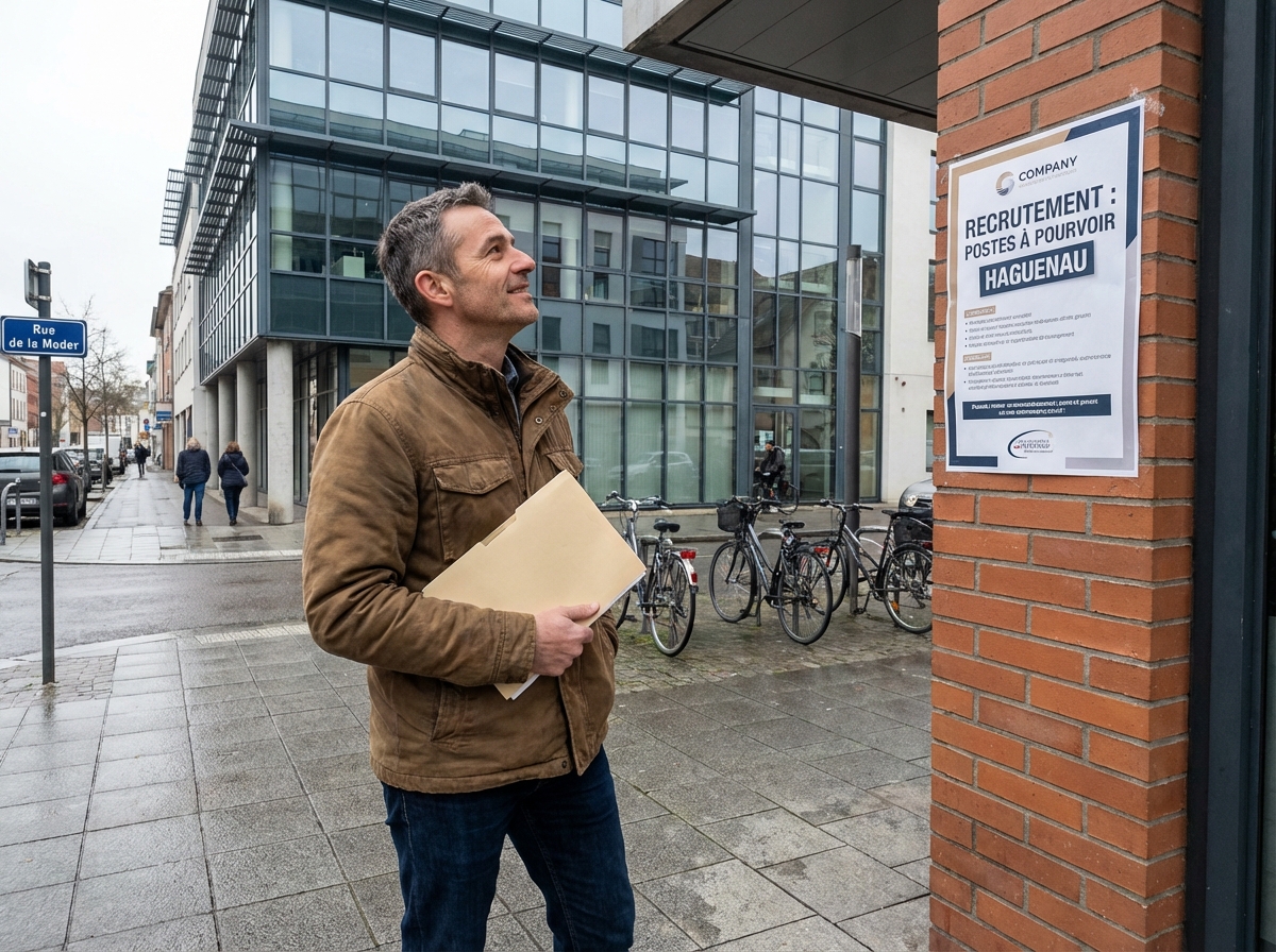 Homme regardant une affiche de recrutement devant un bâtiment à Haguenau