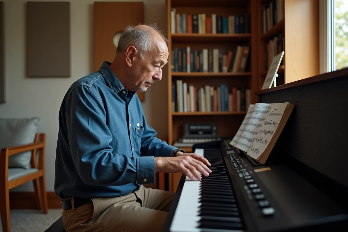Homme ajustant les réglages d un piano électronique dans sa pièce